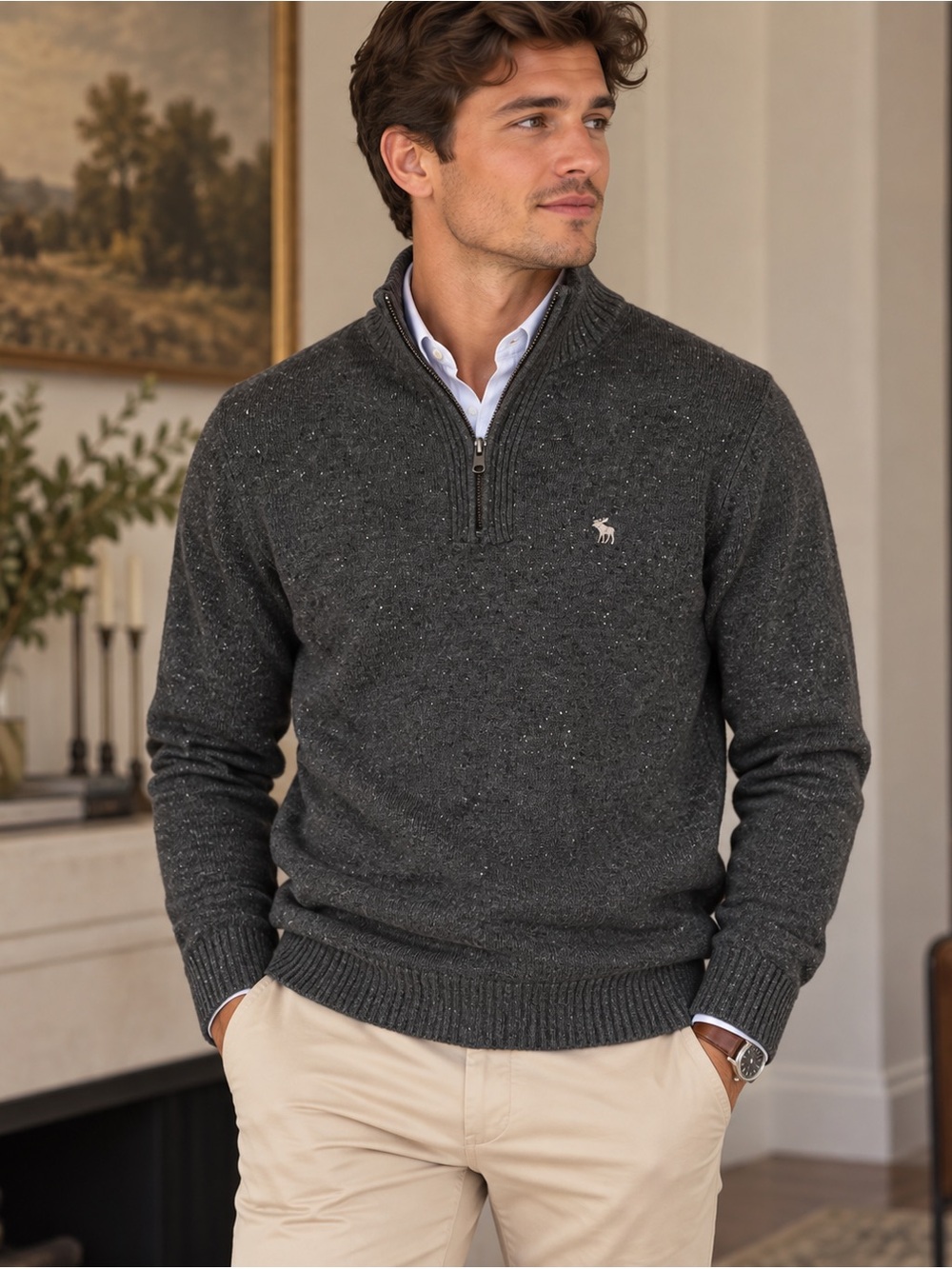 Abercrombie & Fitch Men’s Quarter Zip Mock Neck Sweater Gray Speckled M